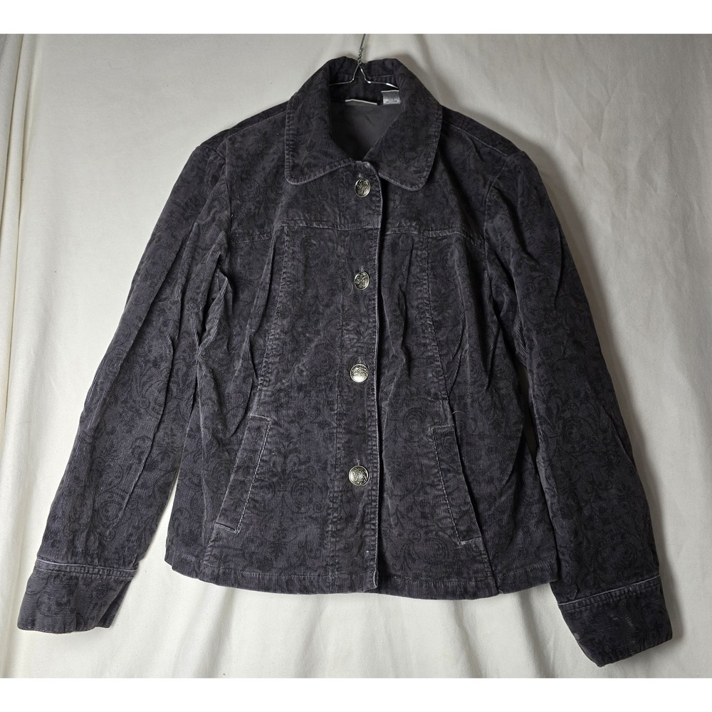 Chico's Women's Sz 1 Black Floral Corduroy‎ Jacket Button Up - Picture 2 of 6